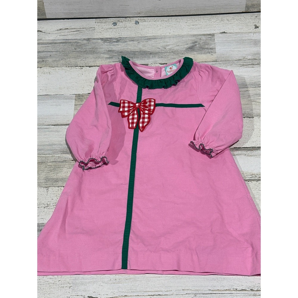 The Smocked Flamingo Dress Girls 6 Pink Corduroy Gingham Bow Christmas EUC